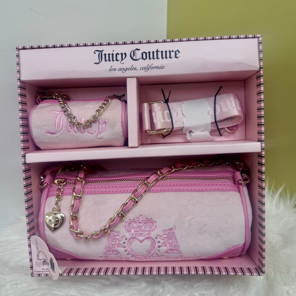 Juicy Couture Heritage Barrel Bag Gift Scottie Logo Pink Gold Mini Charm NEW